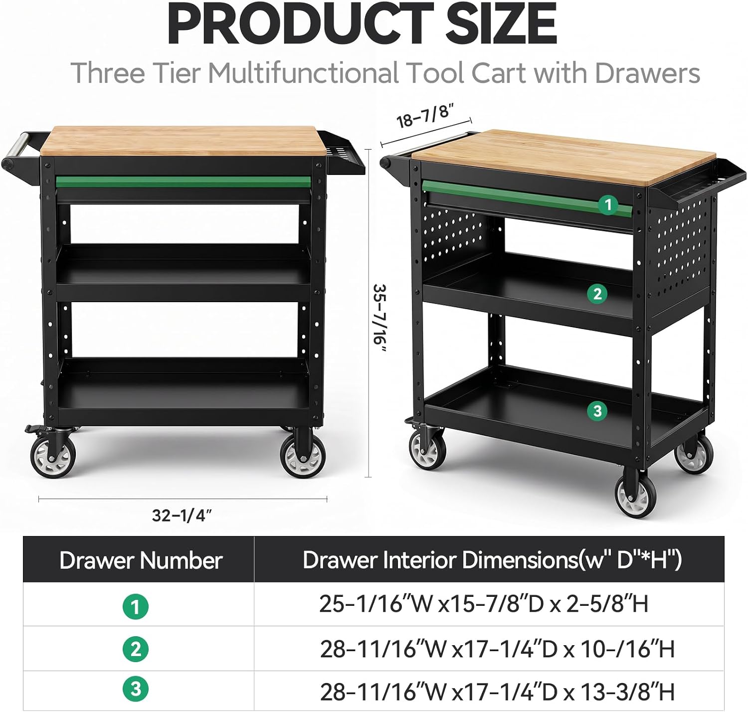 3-Tier Rolling Cart With Wooden Top