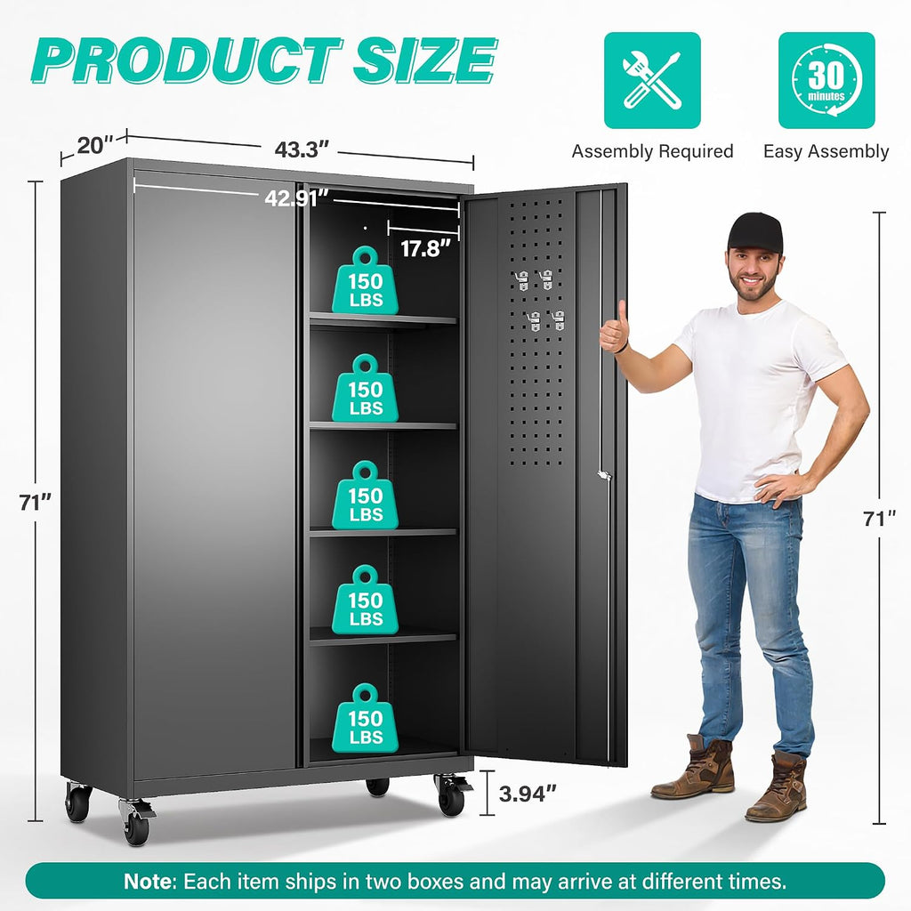 71" Rolling Metal Cabinet Pegboard Black