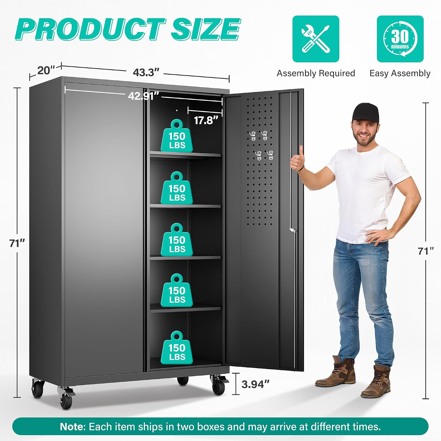 71" Rolling Metal Cabinet Pegboard Black