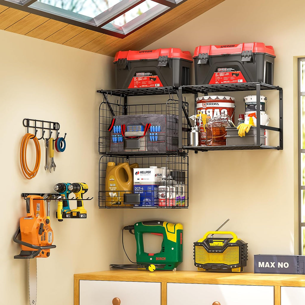 Garage Wall Shelves With Wire Baskets & Hooks