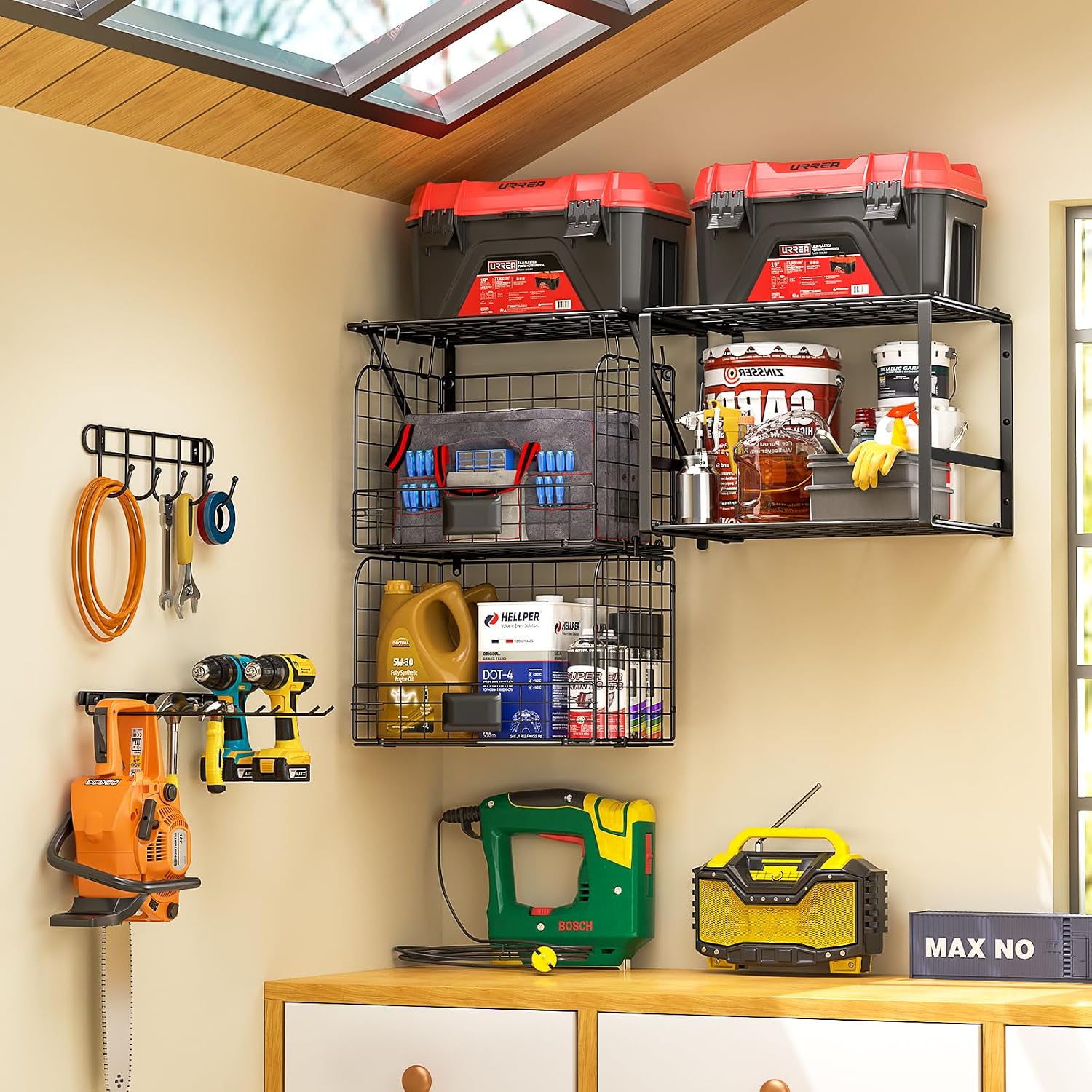 Garage Wall Shelves With Wire Baskets & Hooks