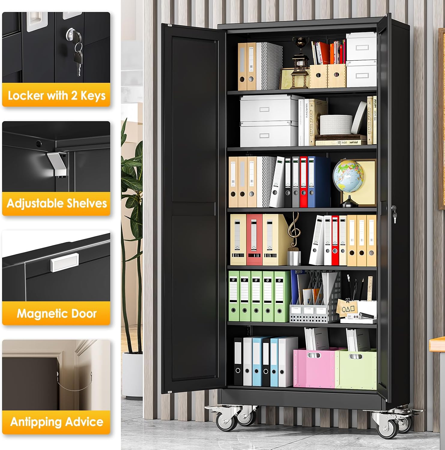 75" Rolling Metal Storage Cabinet Black