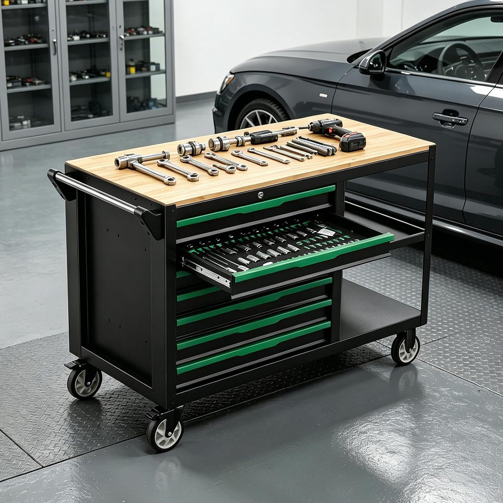 7-Drawer Rolling Tool Cart Wood Top