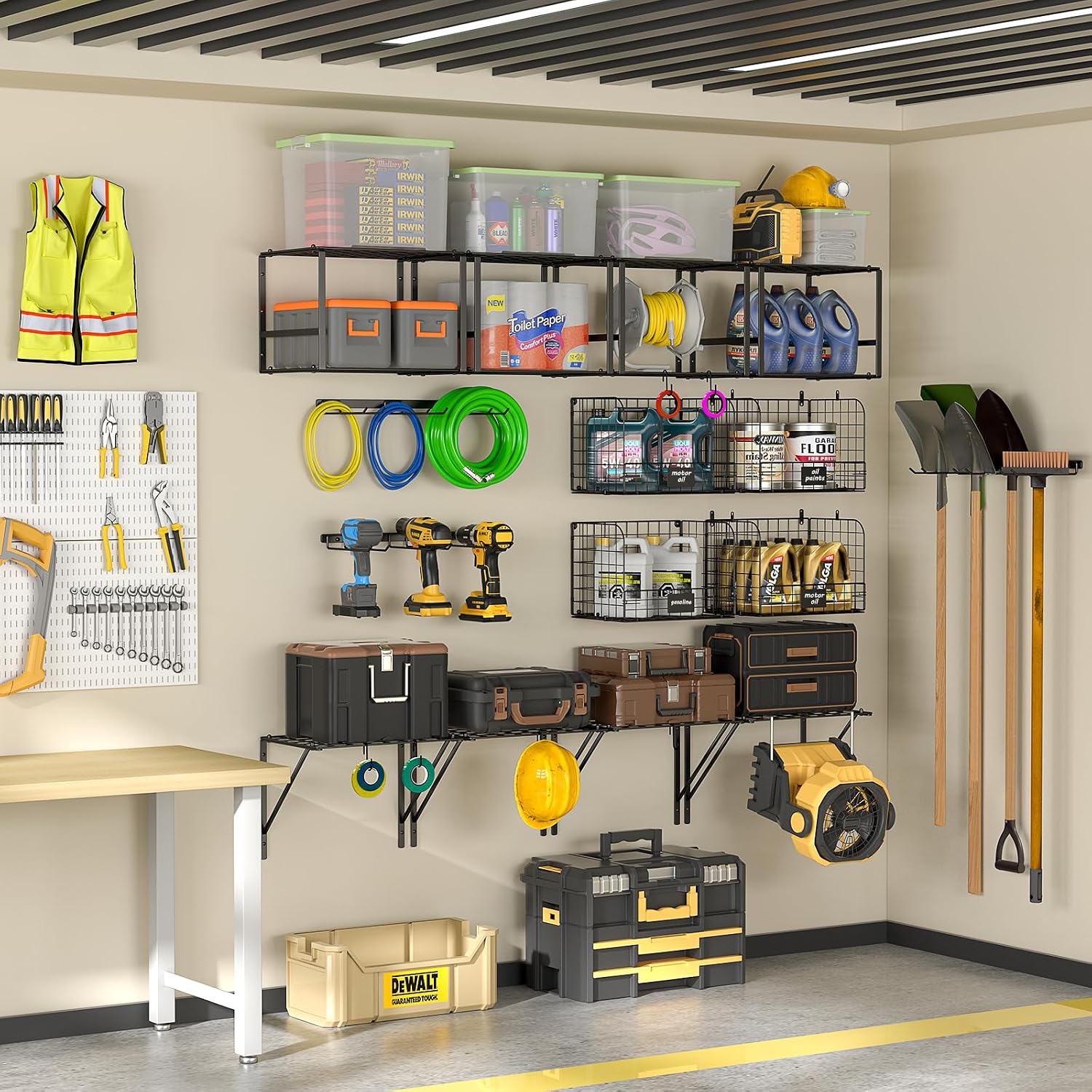 Garage Wall Shelves With Wire Baskets & Hooks