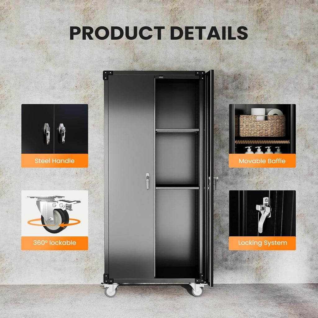 72" Rolling Lockable Metal Cabinet Black