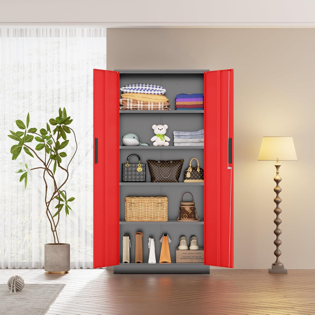 72" Lockable Steel Cabinet Black Red