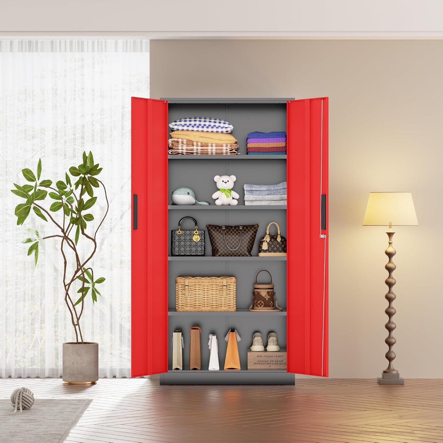 72" Lockable Steel Cabinet Black Red