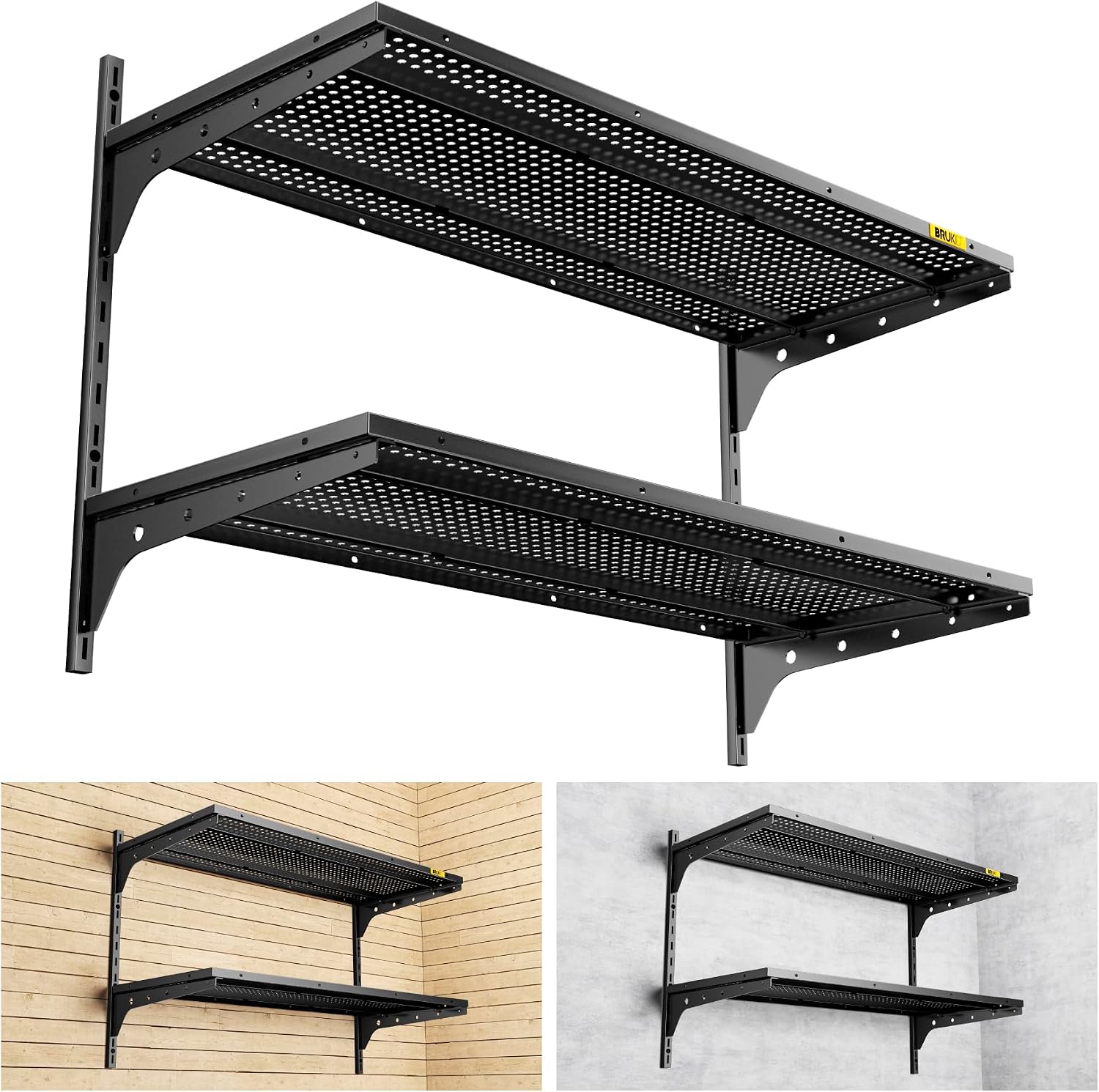 Black 2-Tier Wall Mount Garage Shelves 15.6×36 Inch Adjustable