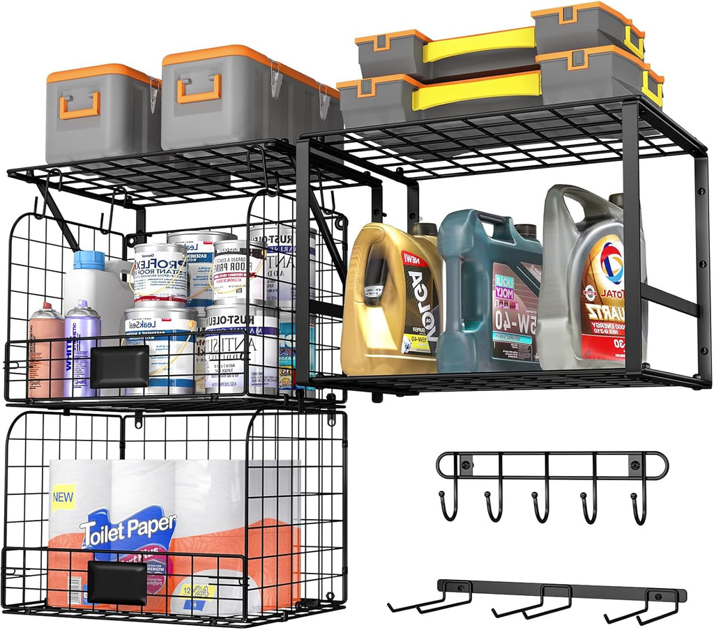 Garage Wall Shelves With Wire Baskets & Hooks