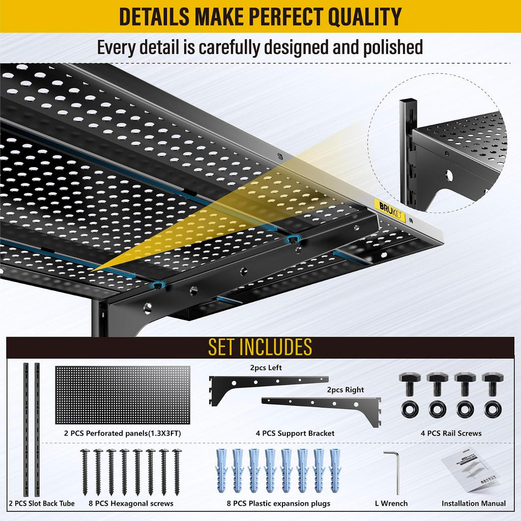 Black 2-Tier Wall Mount Garage Shelves 15.6×36 Inch Adjustable