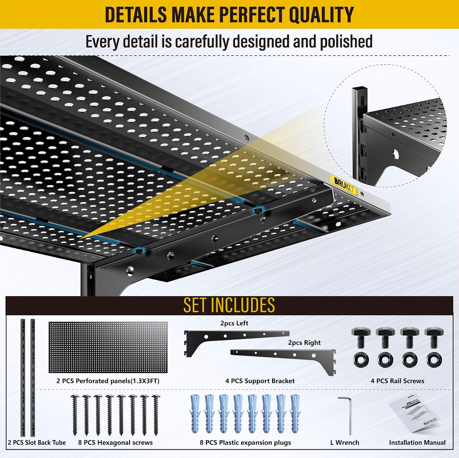 Black 2-Tier Wall Mount Garage Shelves 15.6×36 Inch Adjustable