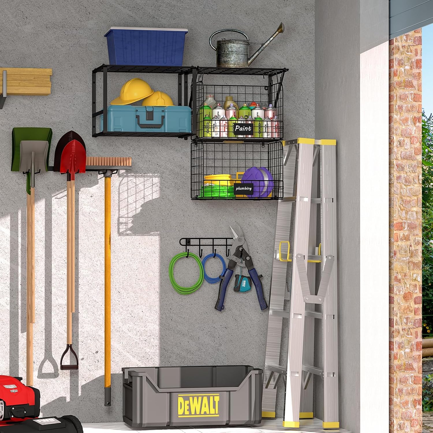 Garage Wall Shelves With Wire Baskets & Hooks
