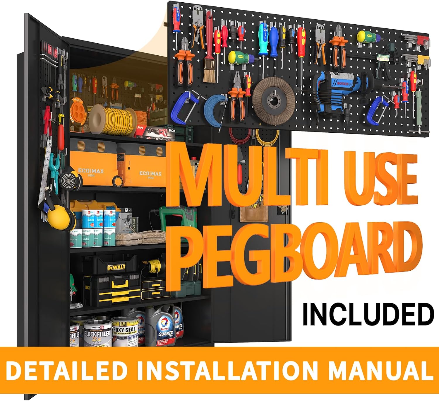 Wide Rolling Metal Cabinet Pegboard Black