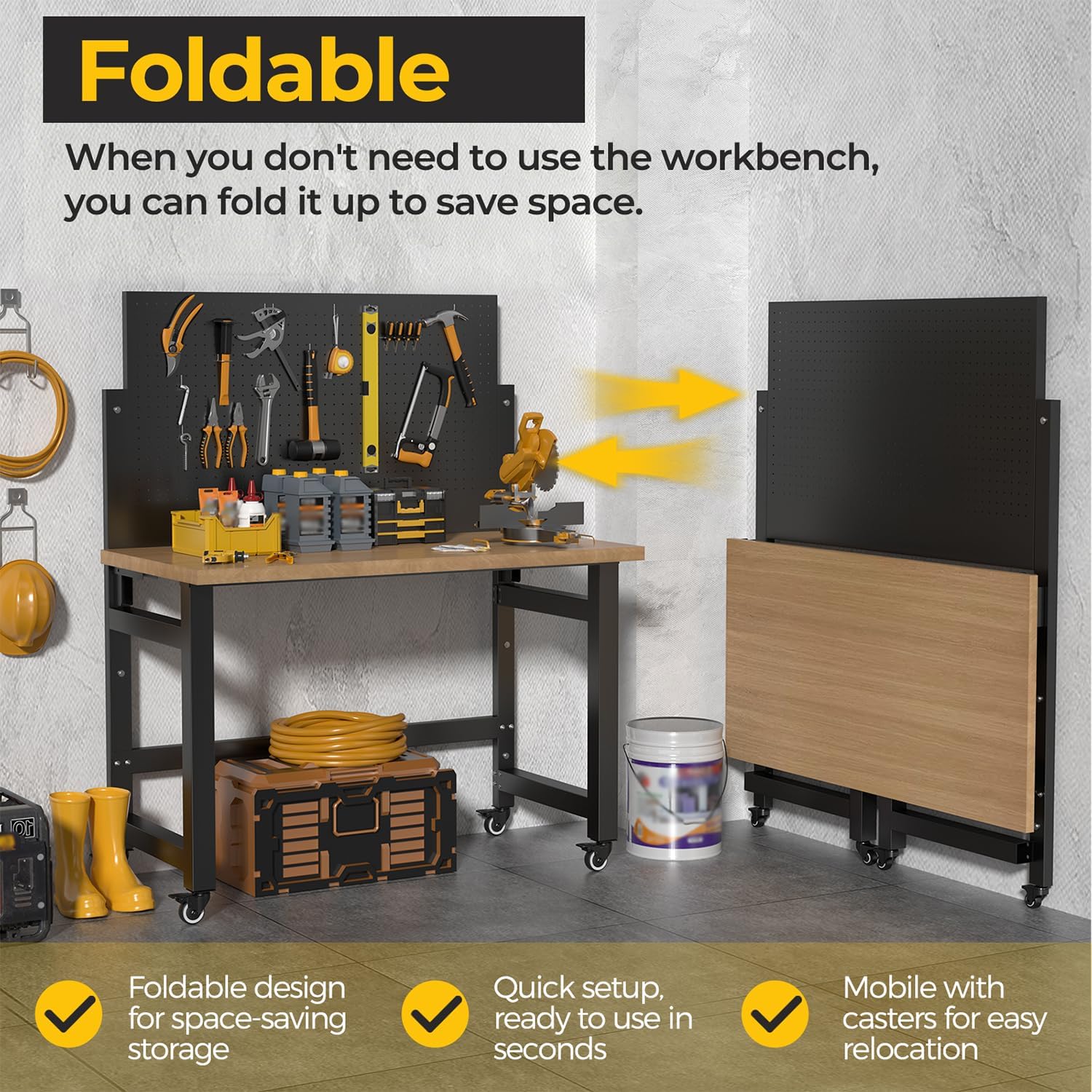 Folding Workbench with Pegboard Wheels