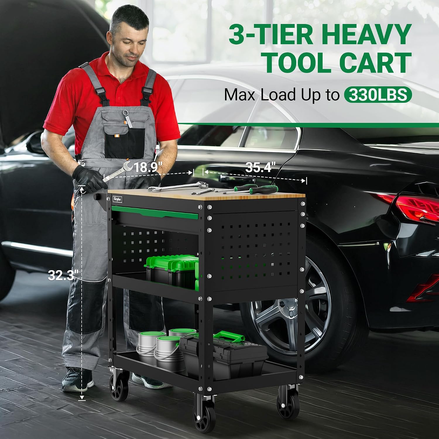 Rolling 3-Tier Tool Cart Black