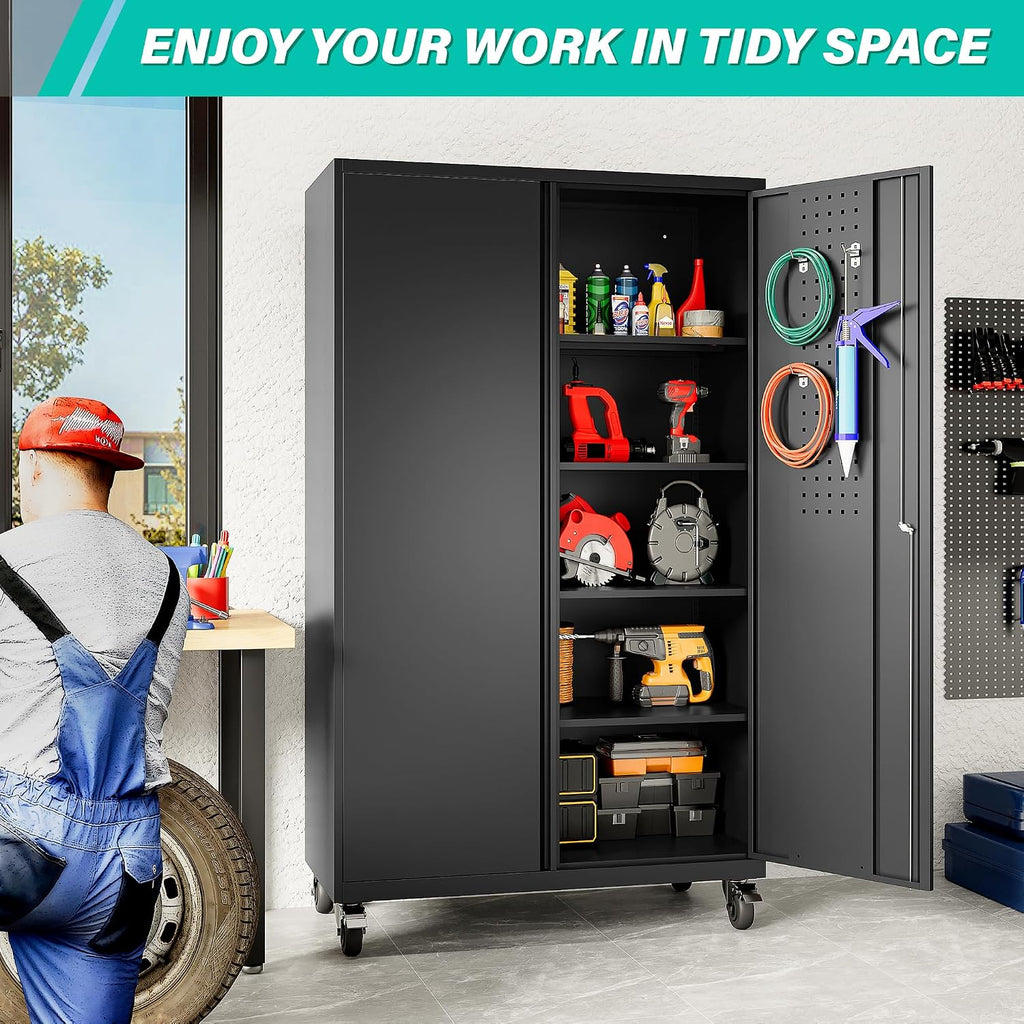 71" Rolling Metal Cabinet Pegboard Black