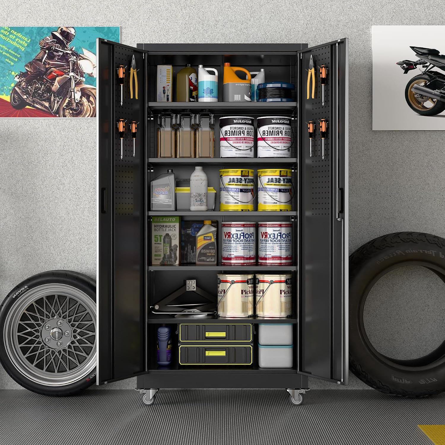 71" Rolling Metal Cabinet Pegboard Black