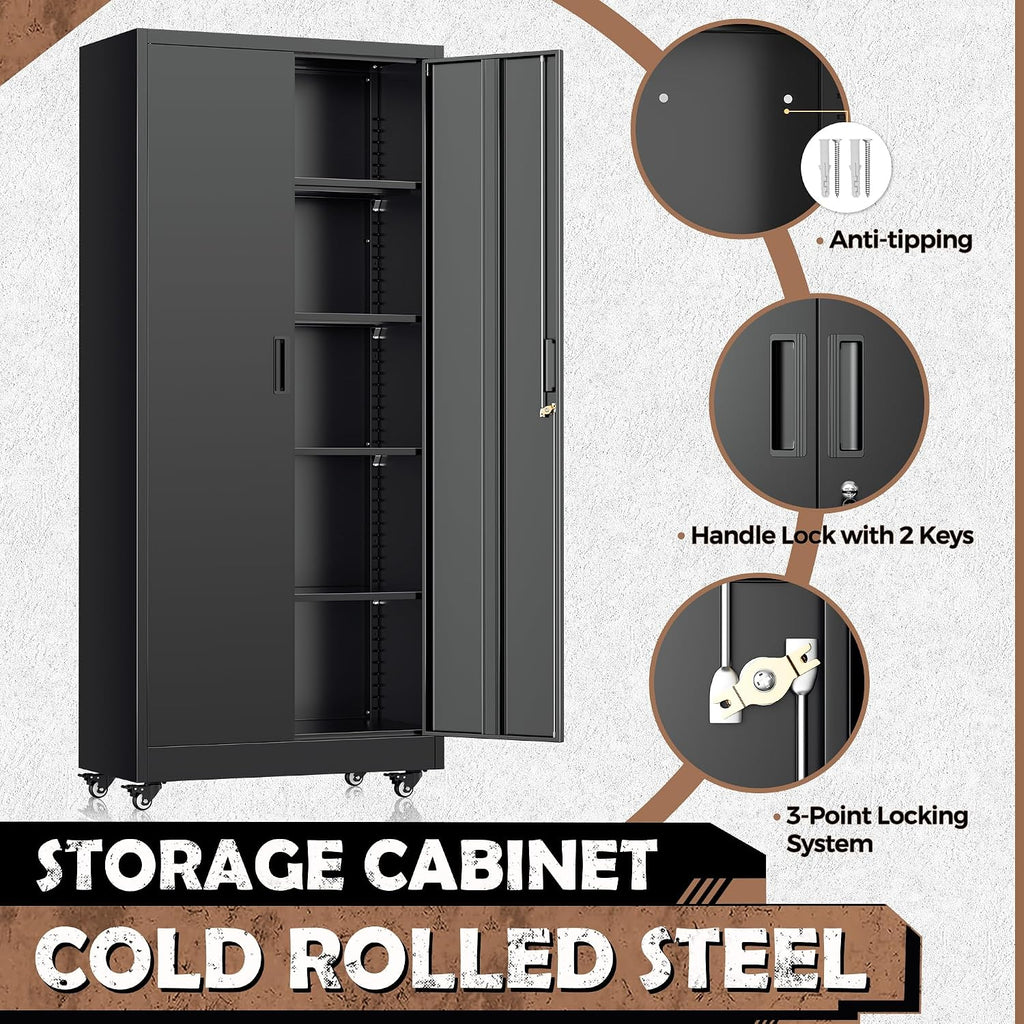 Rolling Lockable Metal Storage Cabinet Black