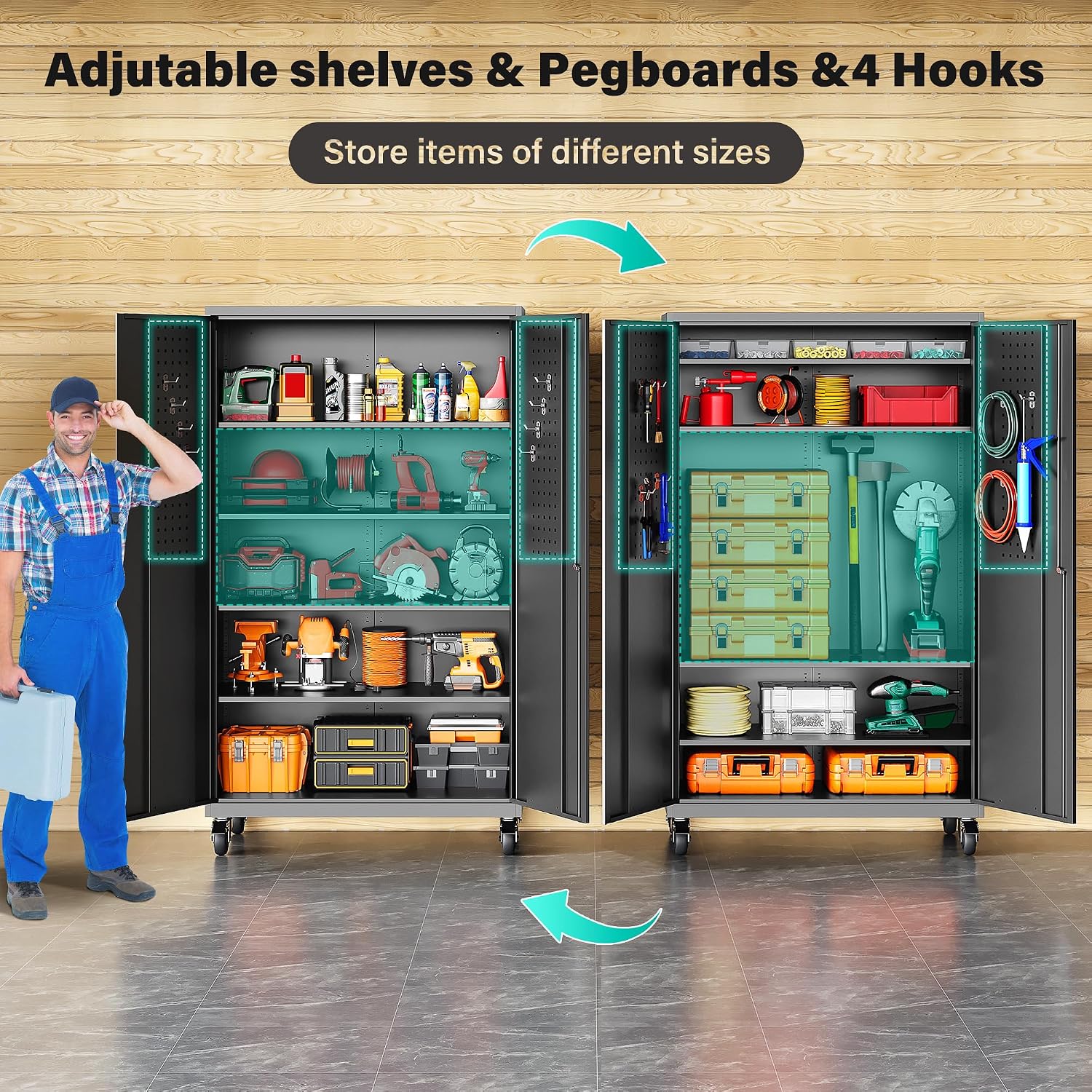 71" Rolling Metal Cabinet Pegboard Black